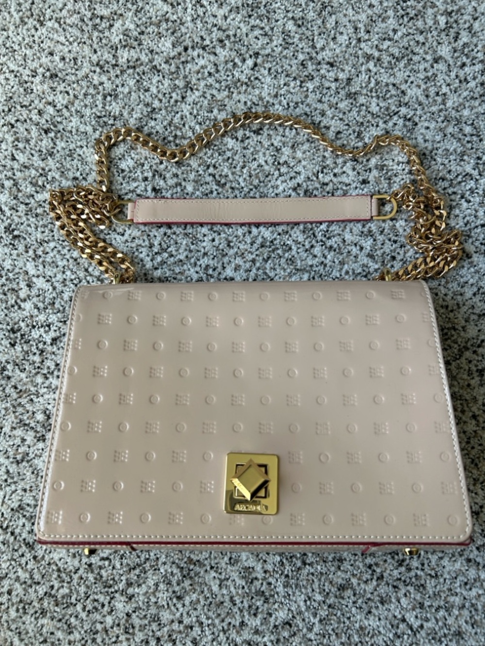 Arcadia Patent Beige Chain-Shoulder Crossbody Bag with Gold Hardware